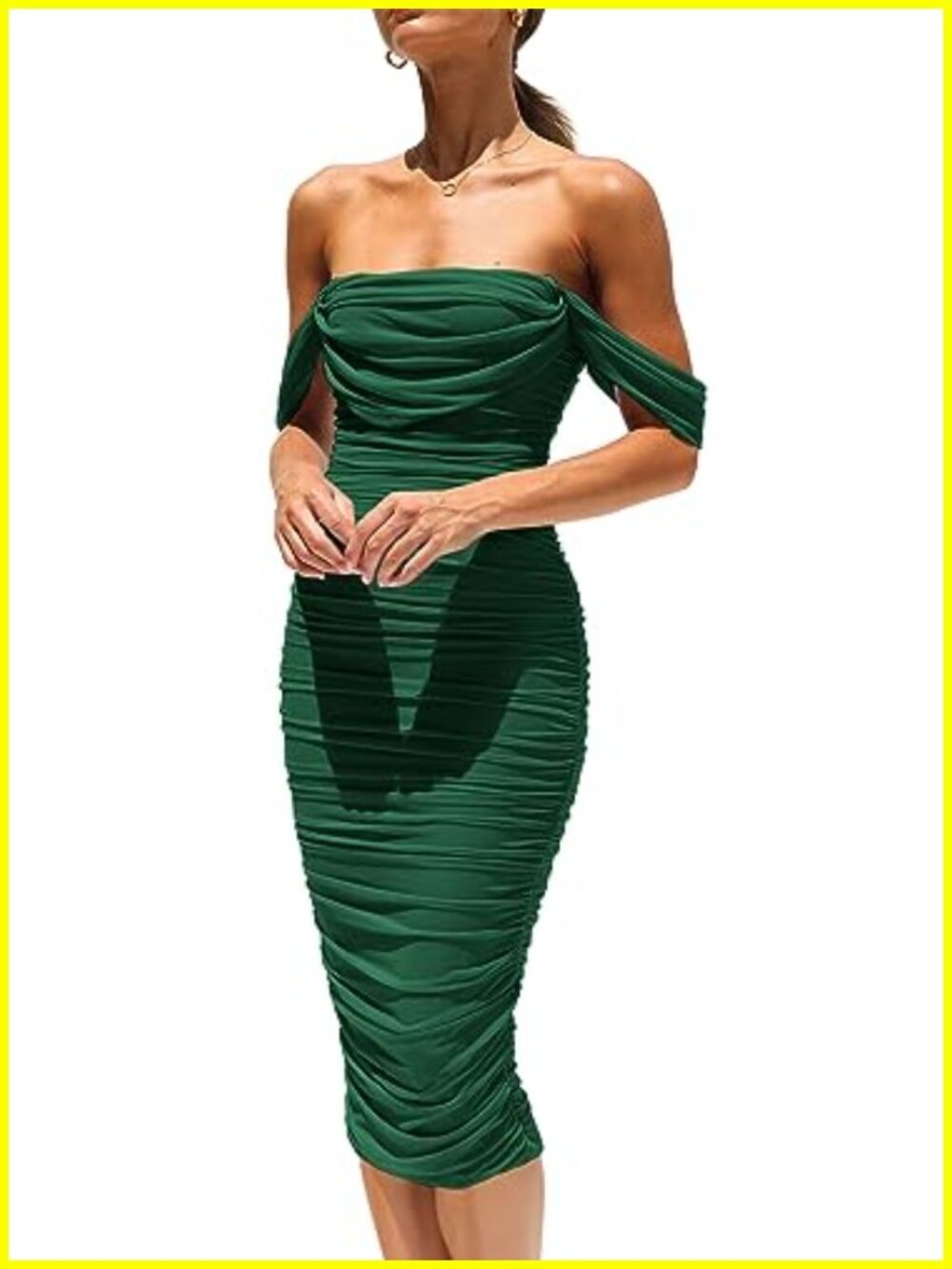 Women's Off Shoulder Bodycon Tube Midi Dress Ruched Stretchy Mesh Cocktail